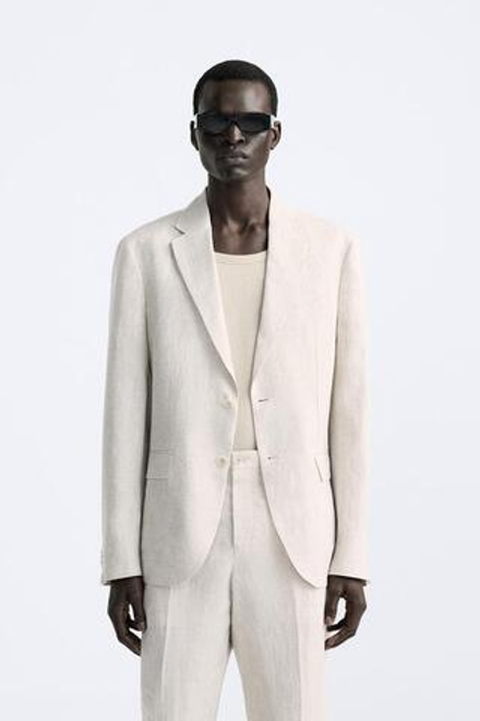 ZARA КОСТЮМНЫЙ ПИДЖАК ИЗ 100% ЛЬНА, СВЕТЛО-БЕЖЕВЫЙ