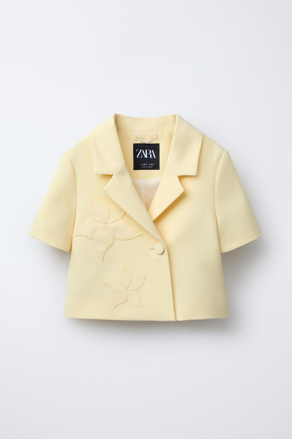 ZARA УКОРОЧЕННЫЙ БЛЕЙЗЕР С ЦВЕТОЧНОЙ НАШИВКОЙ, ПАСТЕЛЬНО-ЖЕЛТЫЙ