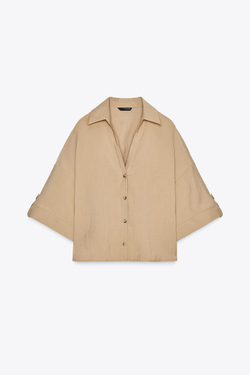 ZARA ШИРОКАЯ РУБАШКА С КОРОТКИМИ РУКАВАМИ, МЯГКИЙ КАШТАНОВЫЙ