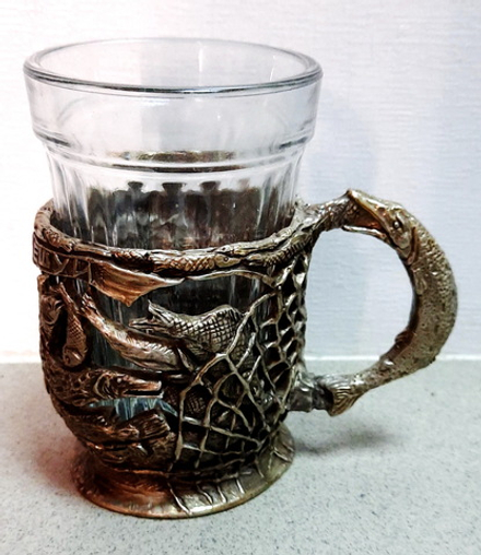 Подстаканник, бронза с посеребрением. "Рыбалка"