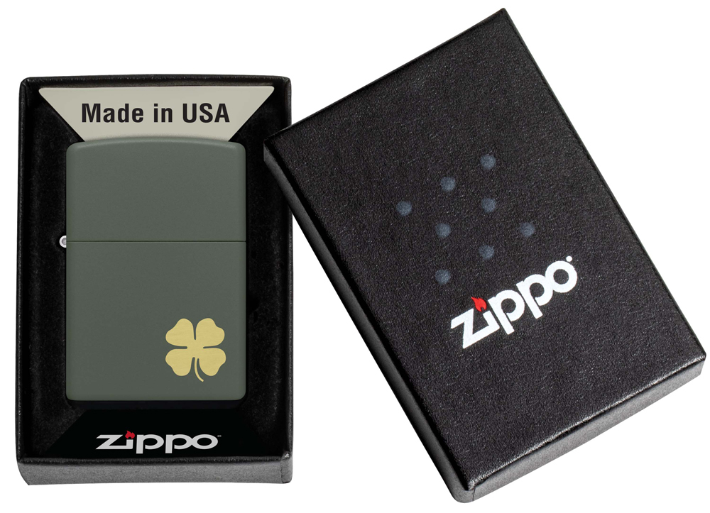 Зажигалка Zippo Four Leaf Clover с покрытием Green Matte, латунь/сталь, зеленая, 38x13x57 мм