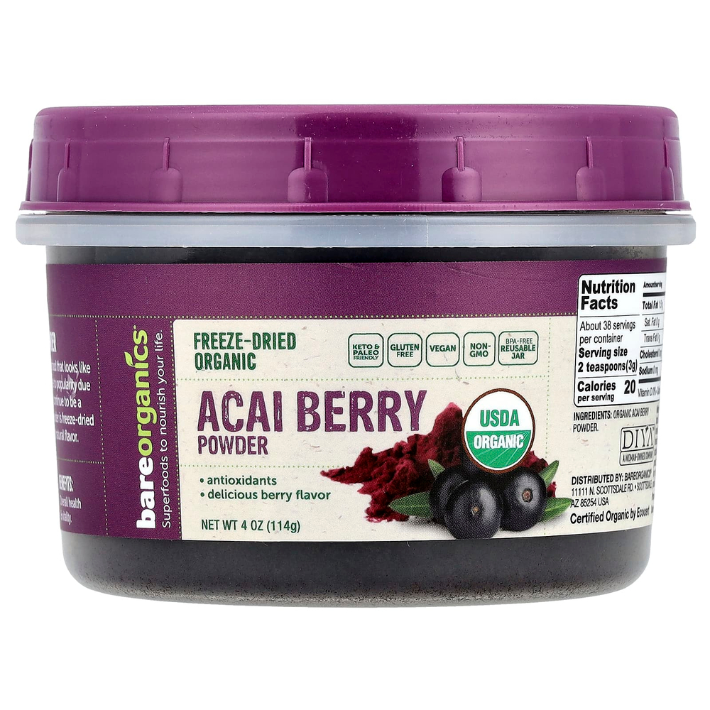 BareOrganics, Лиофилизированные необработанные органические ягоды асаи, 114 г (4 унции)