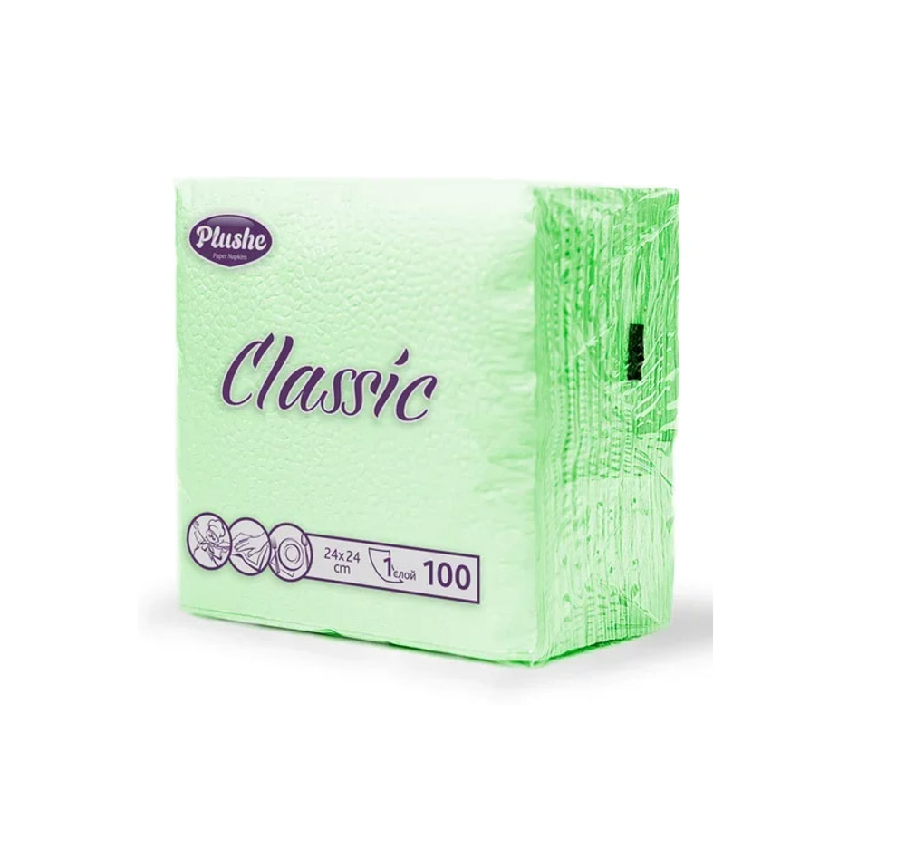 Салфетки бумажные Plushe Classic пастель салатный 1 слойные, 24*24 см, 100 штук