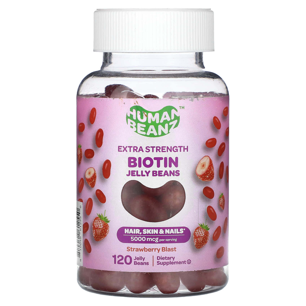 Human Beanz, жевательные мармеладки с биотином, со вкусом клубники, 120 мармеладок (2500 мкг в каждом мармеладке)