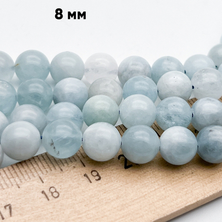 Аквамарин бусины (сорт Б), диаметр 8,2-8,5 мм, цена за 22-23 шт (1/2 нити)