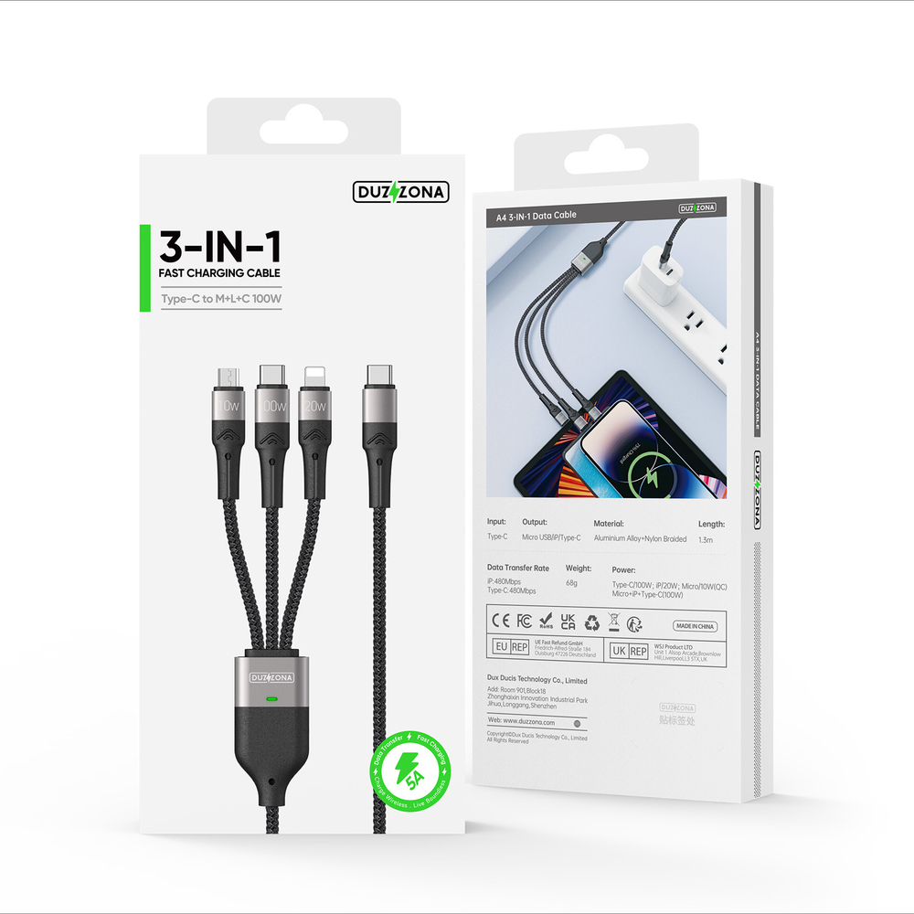 Кабель передачи данных с USB-C 3 в 1 в тканевой оплетке от Duzzona с разъемами USB-C, Lightning, Micro USB, серия A4 Cable, длина 1,3м