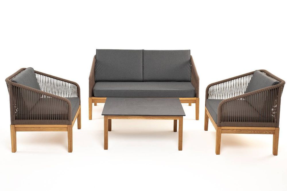 "Канны" лаунж-зона 4-местная из роупа со столиком "Канны" (серый гранит), основание дуб, роуп коричневый