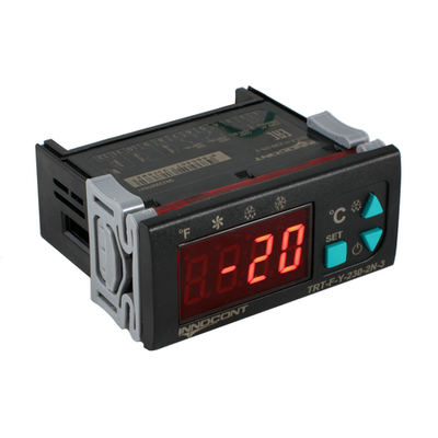 Температурный контроллер INNOCONT TRT-F-Y-230-N-2 для управления охлаждением/размораживанием, 4 разряда, 77х35х61 мм, NTC, выходы реле на компрессор и охладитель, ON/OFF, 230VAC, комплектный фиксатор