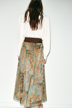 ZARA ЮБКА МИДИ С ПРИНТОМ И ПОЯСОМ, РАЗНОЦВЕТНЫЙ