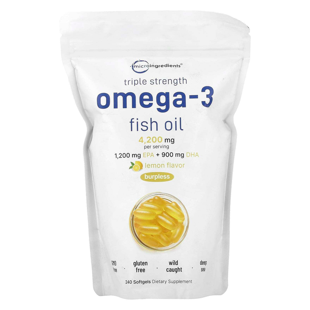 Micro Ingredients, рыбий жир с омега-3, тройная сила, лимон, 240 капсул (1400 мг в 1 капсуле)