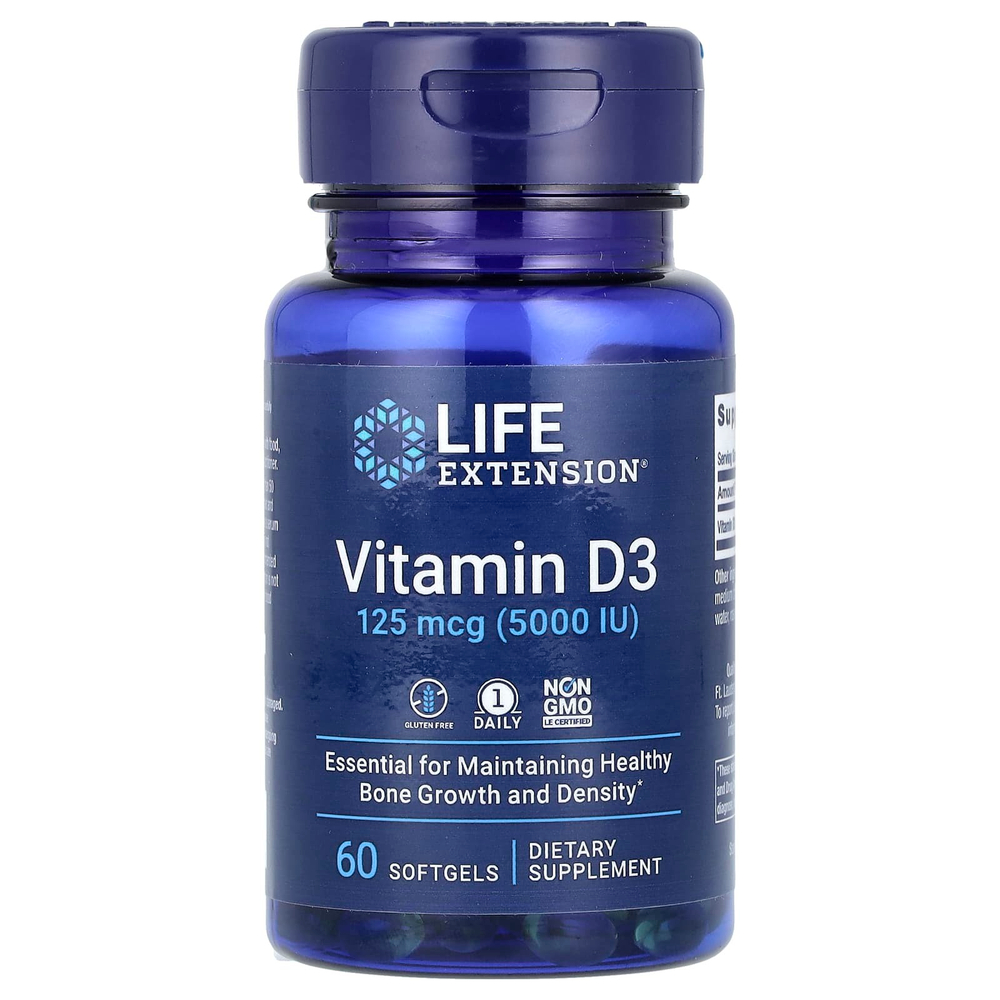 Life Extension, витамин D3, 125 мкг (5000 МЕ), 60 капсул