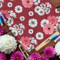 Ткань барби разноцветные хризантемы на красном фоне