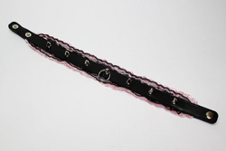 Чокер "Готика-5" кожа + чёрно-розовые кружева с 6-ю средними шипами и кольцом