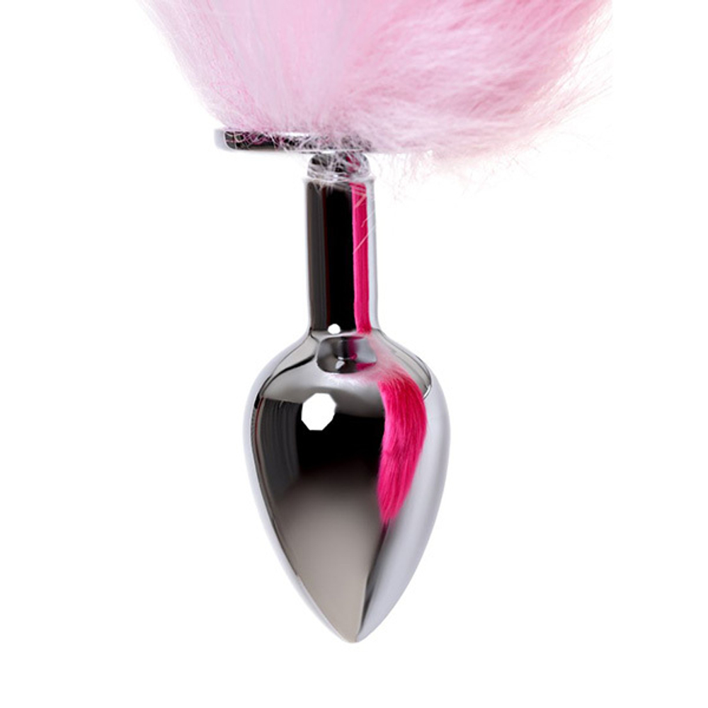 Серебристая анальная втулка 45см с бело-розовым хвостом размер S ToyFa Metal 712028-S