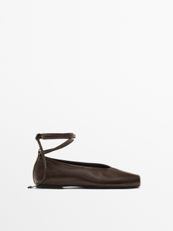 Massimo Dutti Кожаные балетки на шнуровке, коричневый