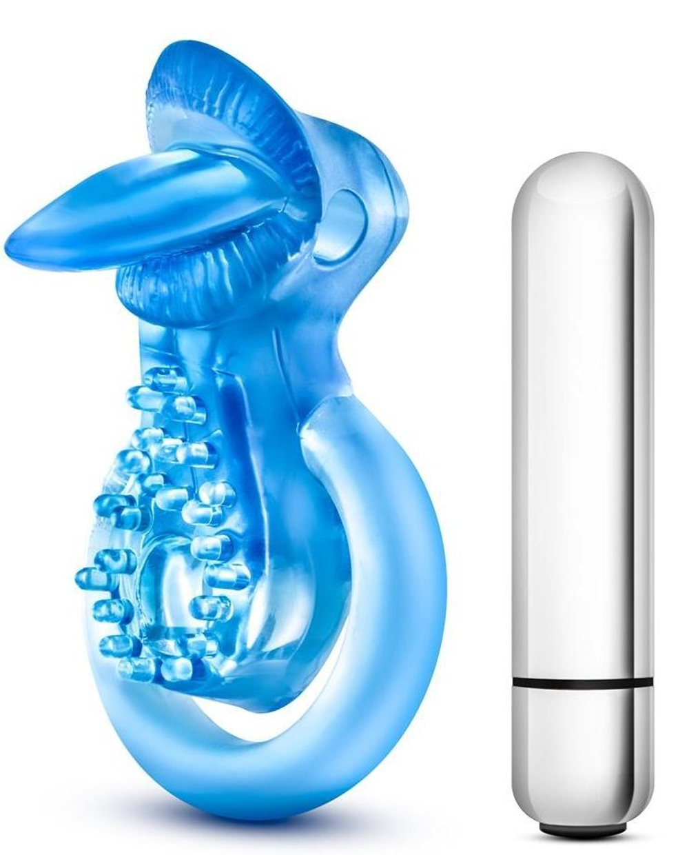 Голубое эрекционное виброкольцо 10 Function Vibrating Tongue Ring (Цвет: голубой)