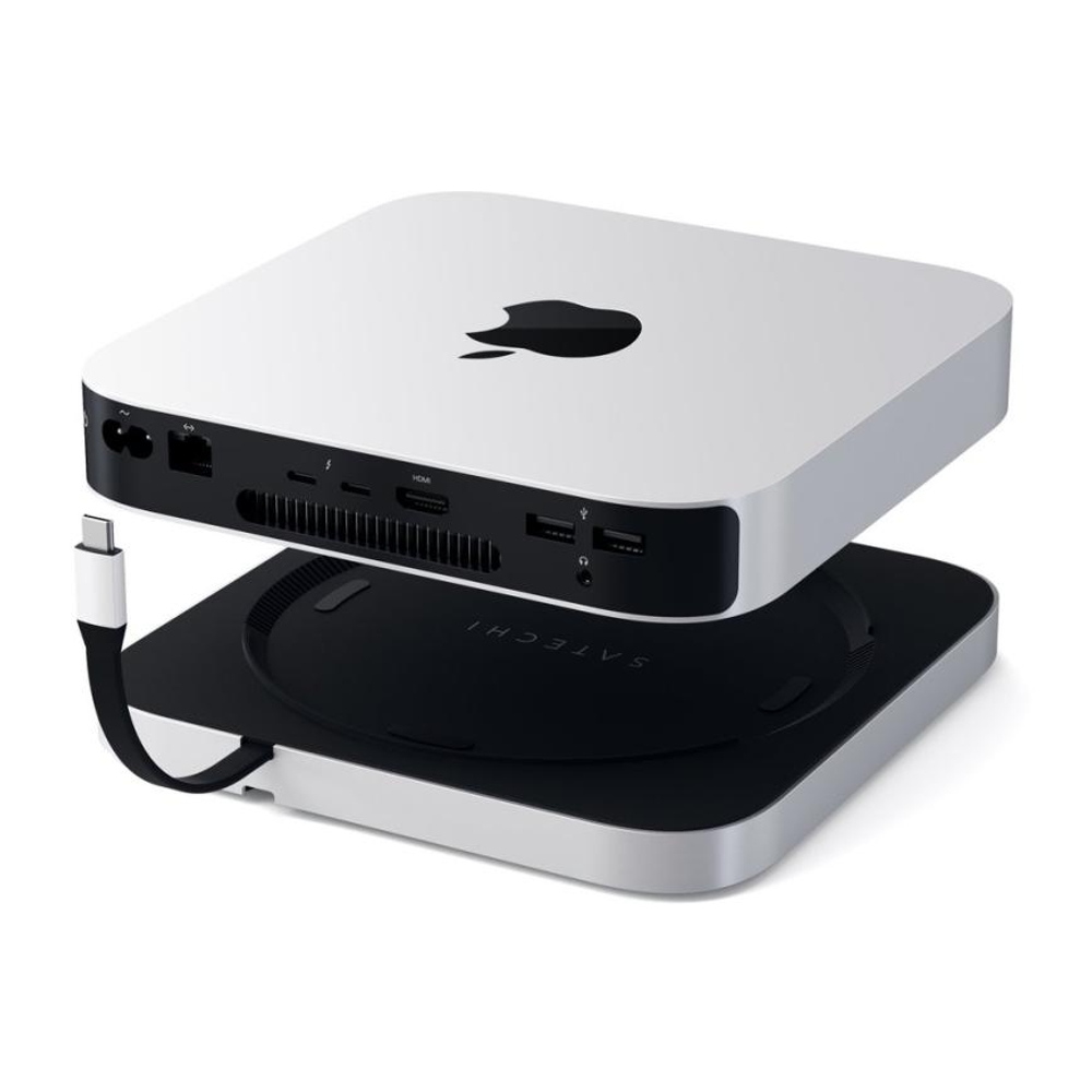 USB-Хаб-подставка с отсеком для SSD Satechi для Mac mini (M1, M2 | 2020–2023) и Mac Studio (ST-MMSHS) Подключение: встроенный плоский кабель USB-C. Порты: USB-C 3.2 Gen 1, 3 USB-A 3.2 Gen 1, microSD UHS-I, SD UHS-I, разъём 3,5 мм. Есть LED-индикация и отс
