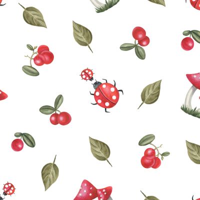 Мухоморы, божьи коровки и брусника на белом.