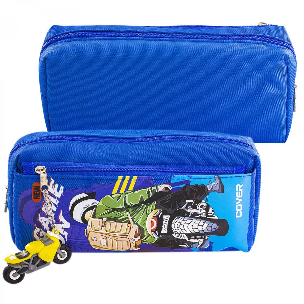 Пенал - косметичка Alingar, ПВХ, молния, боковой карман, брелок- мотоцикл, 95 х 205 мм, "NEW GAME ON", синий (мотоциклист)