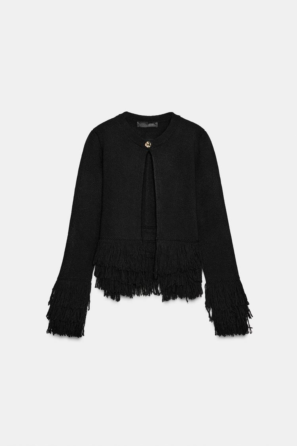 ZARA ВЯЗАНЫЙ КАРДИГАН С БАХРОМОЙ, ЧЕРНЫЙ