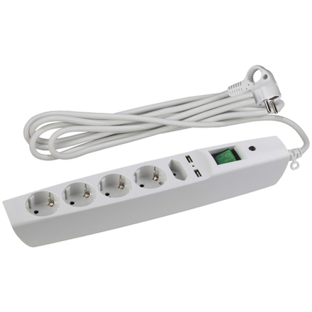 Сетевой фильтр ЭРА SFU-5es-2m-W с надежной защитой с заземлением с выключателем 5 розеток 2xUSB 2м 10А белый