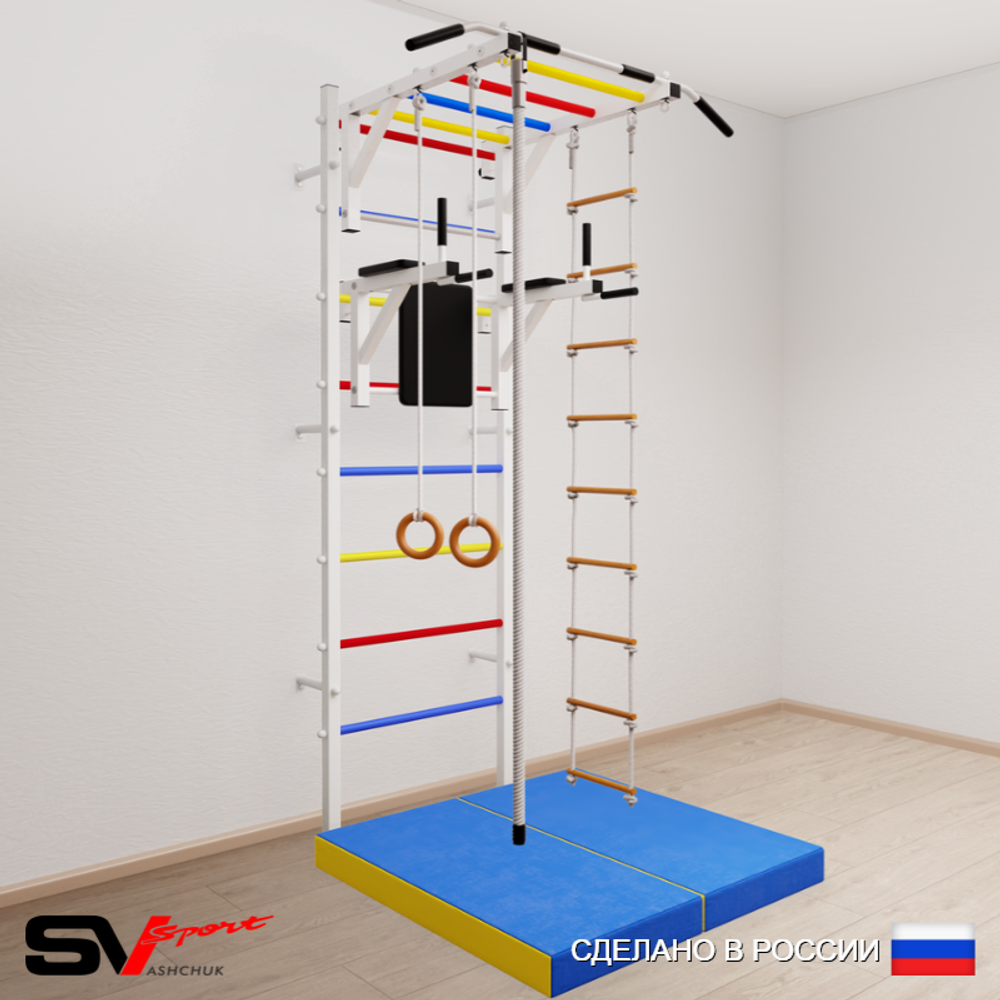 Шведская стенка Sv Sport усиленная 6234 (Турник рукоход/Брусья/Канат/Кольца/Лестница/Мат 1м)