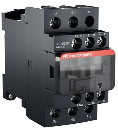 Контактор Prompower PLC1D25BD серии Pulse, ток 25А, 3 полюса, доп контакт 1НО+1НЗ, катушка 24DC