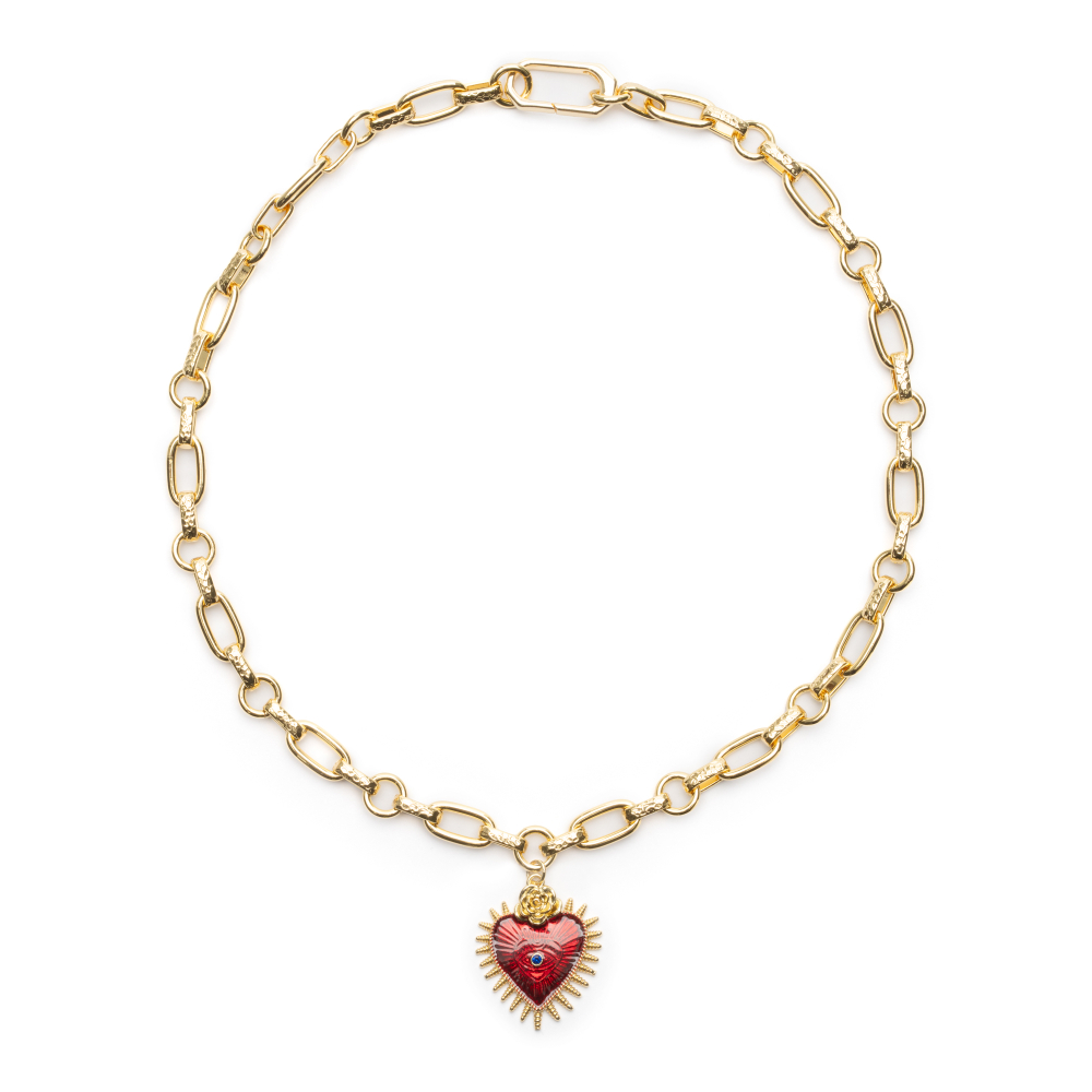 Латунная цепочка с большим Красным сердцем и Розой, gold