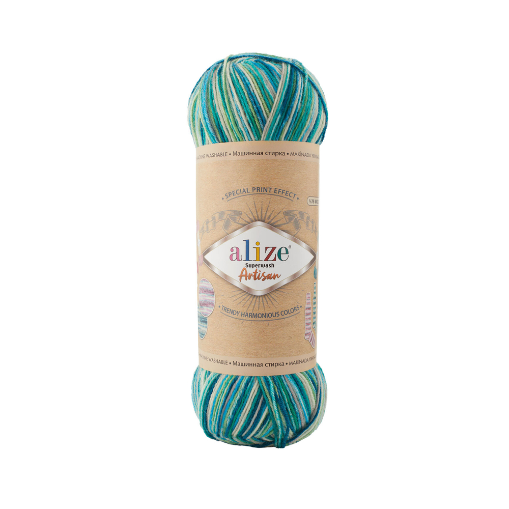 Пряжа "Superwash Artisan" 9001 Зелёный-белый-голубой