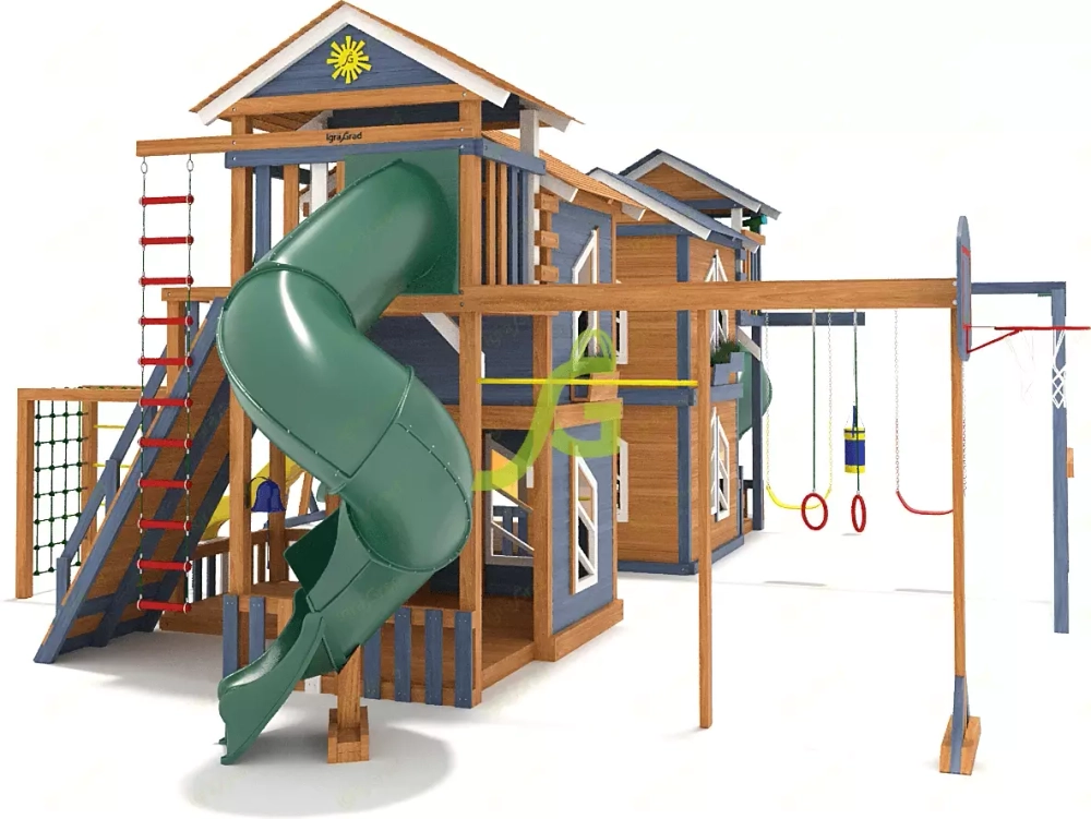 Детская деревянная площадка Домик с горками и качелями