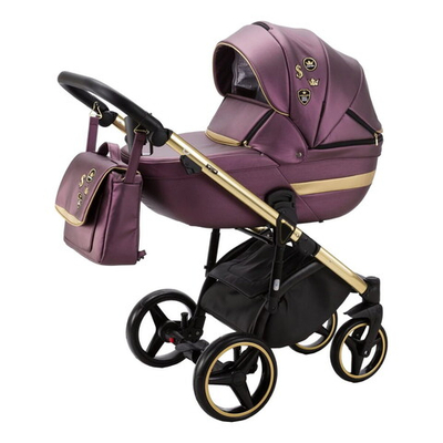 Детская коляска Adamex Cortina Deluxe 2 в 1 CT335 (СИРЕНЬ ПЕРЛ.КОЖА+ЗОЛОТО.ОТДЕЛКА+ЗОЛОТО РАМА)