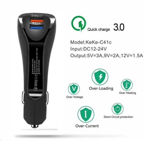Зарядное устр-во в прикур. 2 USB 6,1A QC3.0, удлиненный, черный (KPR)