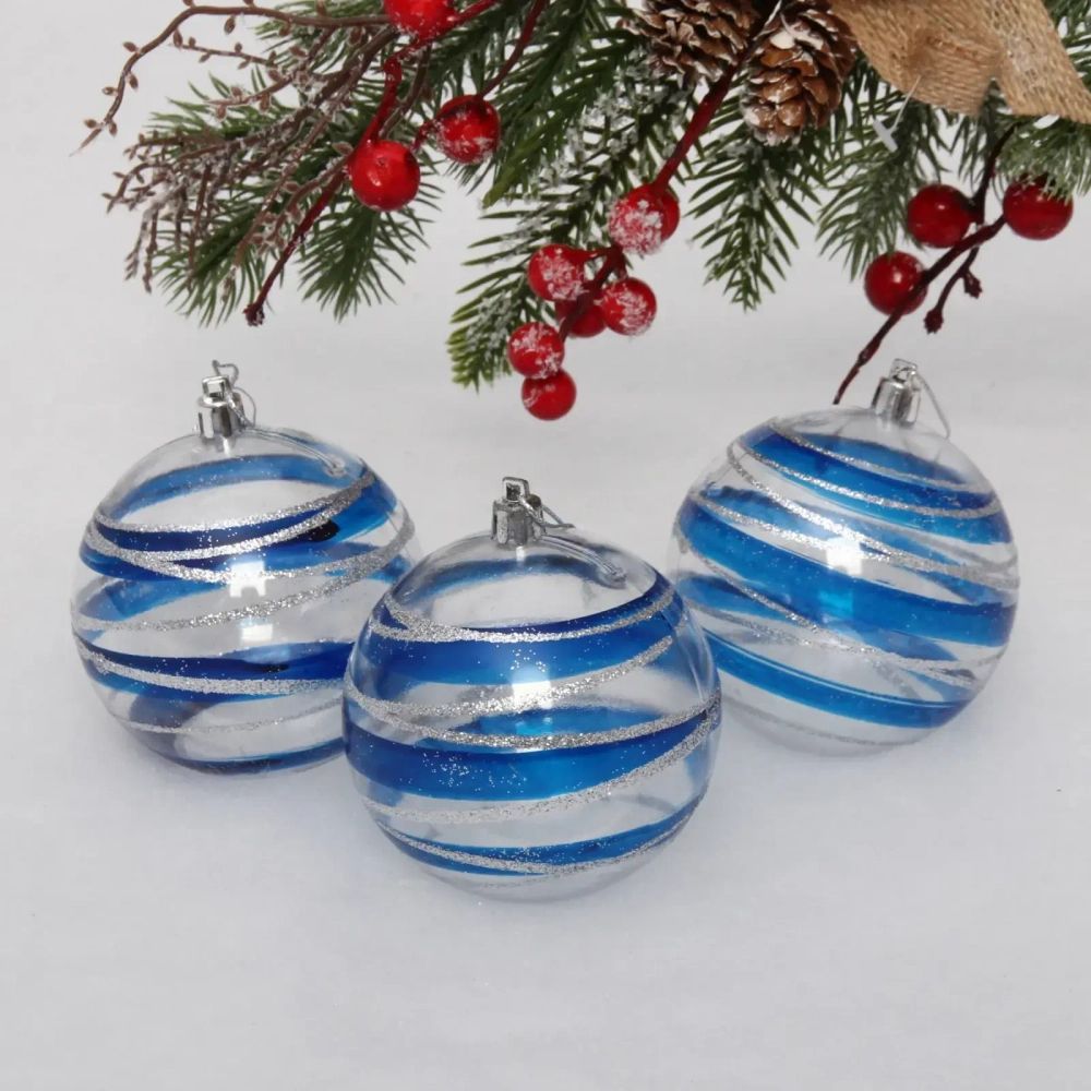 Новогодние шары 8 см (набор 3 шт) «Сказочный узор», голубой/серебро