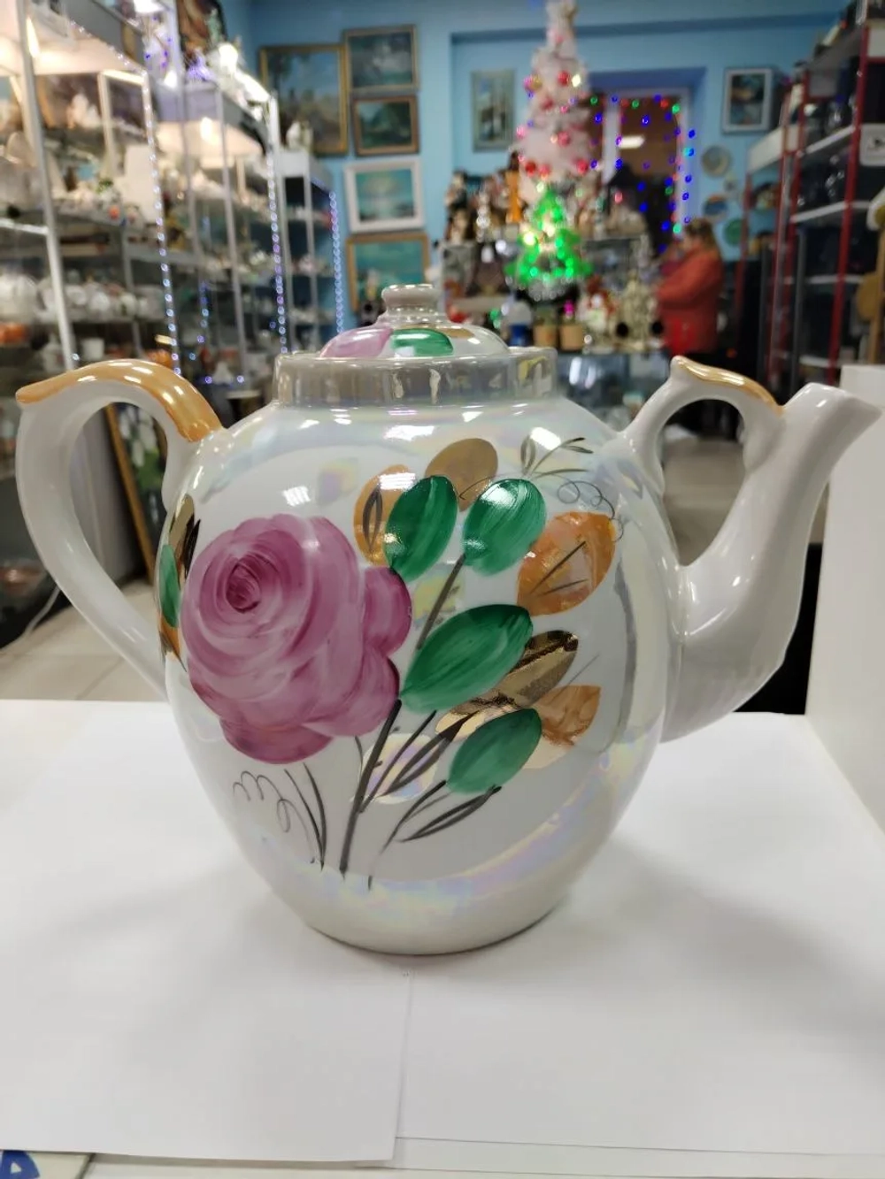 Чайник большой доливной.Роза. ручная роспись.Дулево