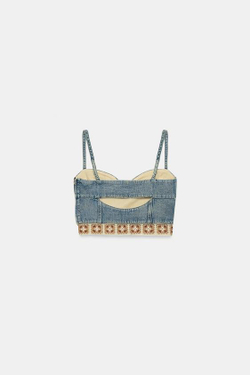 ZARA ТОП Z1975 ДЖИНСОВЫЙ КОМБИНИРОВАННЫЙ КРОШЕ, ВЫЦВЕТШИЙ СИНИЙ