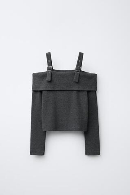 ZARA ФУТБОЛКА В РУБЧИК С ПРЯЖКАМИ, СЕРЫЙ МЕЛАНЖ