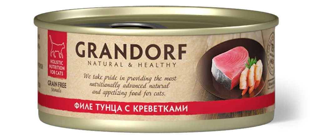 Консервы Grandorf для взрослых кошек (Филе тунца с креветками)