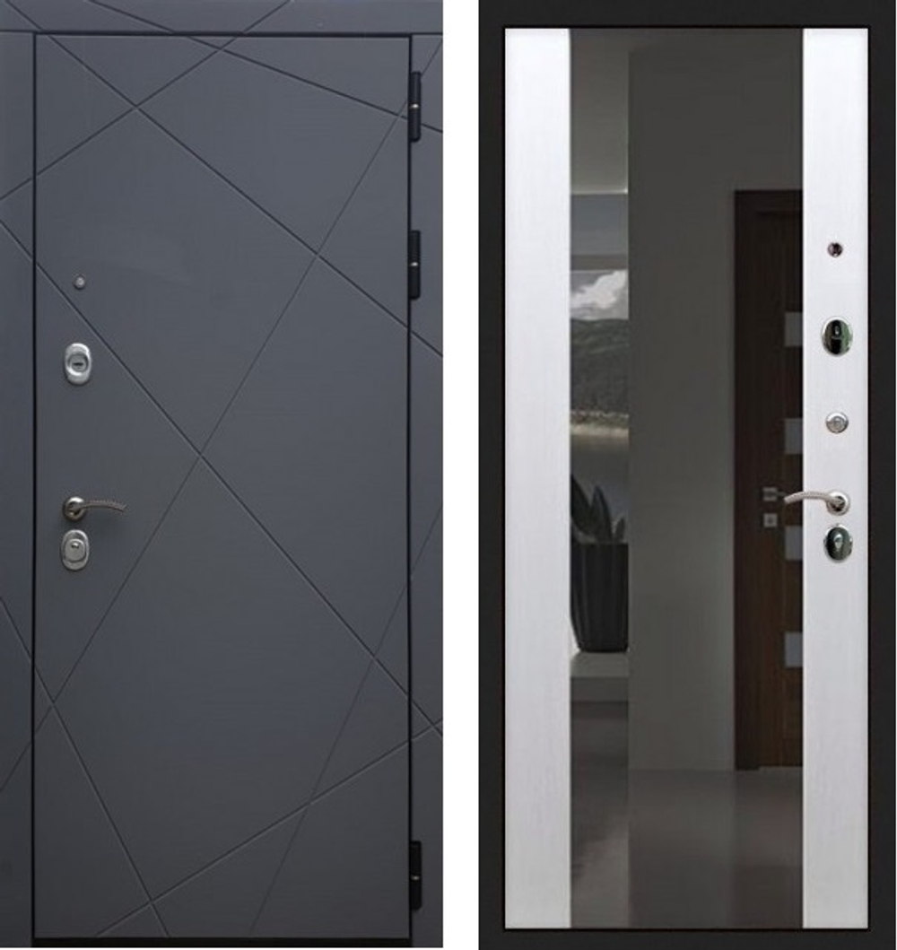 Входная металлическая дверь с зеркалом RеX (РЕКС) 13 Титан 291 / СБ-16 Белый ясень (текстура дерева)
