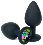 Черная силиконовая анальная пробка с разноцветным стразом - 9,5 см. (Цвет: разноцветный)