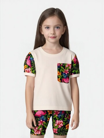 10191 Комплект для девочки (футболка с велосипедками) молочный/набивка (64-122/128)