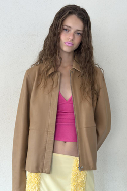 ZARA БЛЕЙЗЕР ОБЛЕГАЮЩЕГО КРОЯ ИЗ 100% КОЖИ, КАМЕННО-СЕРЫЙ