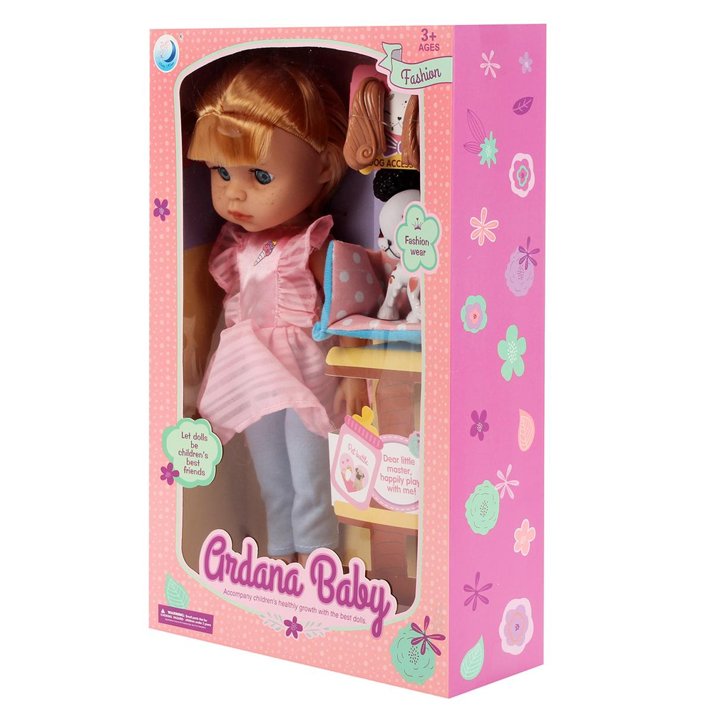 Кукла Ardana Baby 32,5см в розовом платье и голубых лосинах с собачкой и аксесс. WJ-19258/1 (Junfa)