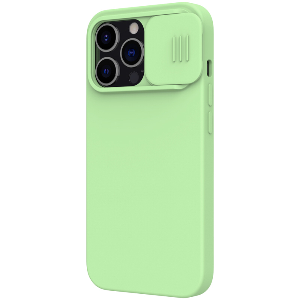 Чехол мятного цвета (Mint Green) с мягким шелковистым покрытием от Nillkin для iPhone 13 Pro, серия CamShield Silky Silicone Case с защитной шторкой для камеры