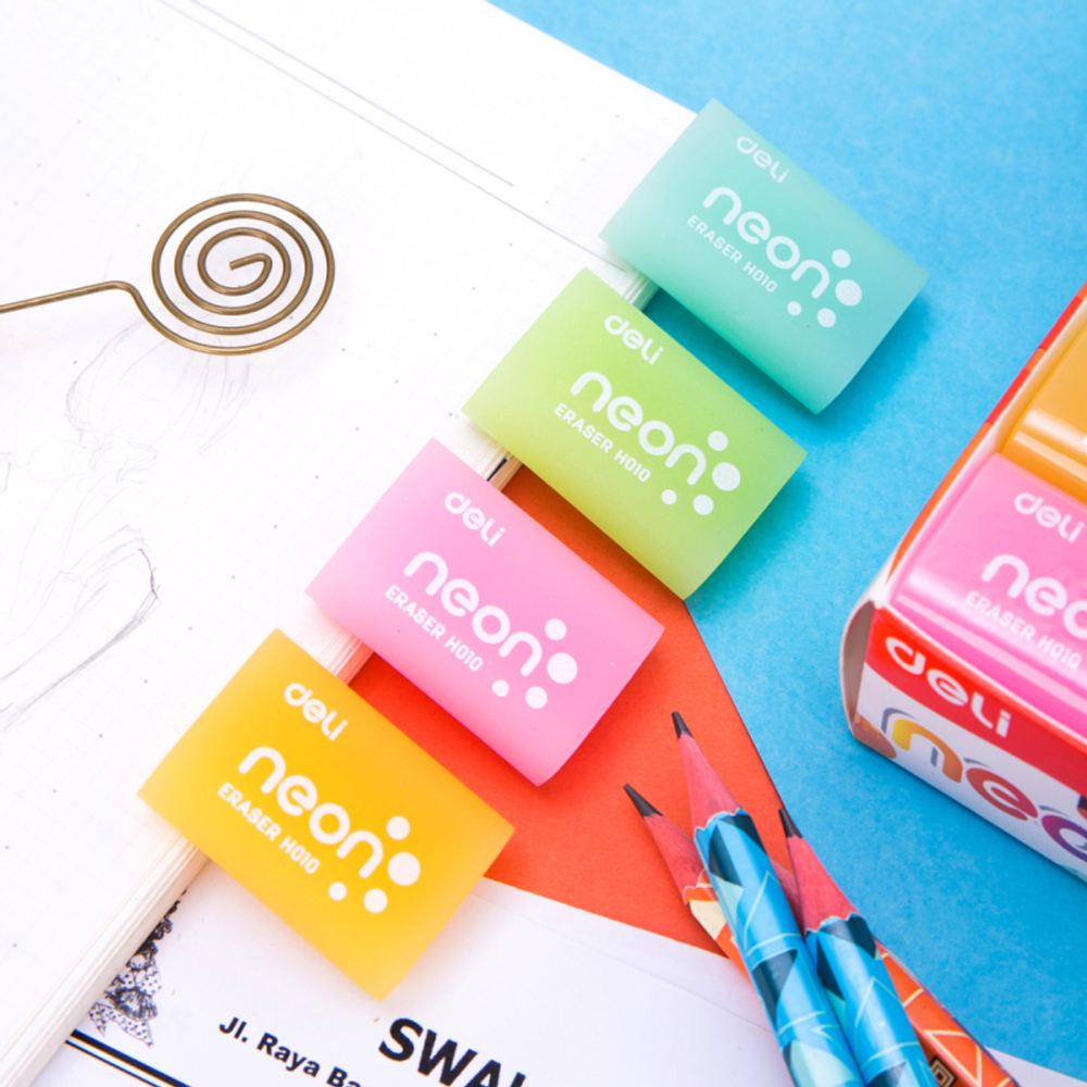 Ластик DELI, прямоугольный, неон ассорти, 39х27х12 мм