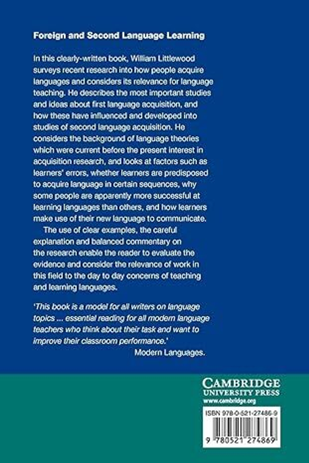 Foreign and Second Language Learning: Language Acquisition Research and its Implications for the Classroom (Cambridge Language Teaching Library) 1st Edition