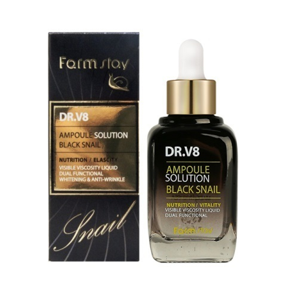 Сыворотка ампульная с муцином черной улитки FarmStay DR-V8 Ampoule SoluTion Black Snail 30мл