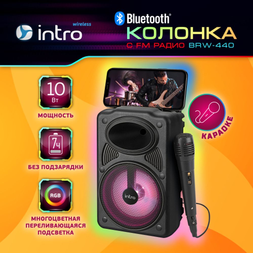 Портативная колонка Intro BRW440 bluetooth беспроводная с микрофоном акустическая черная