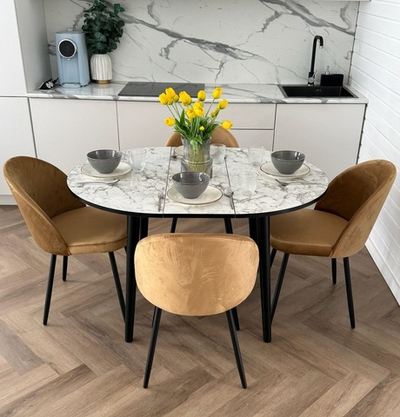 Круглый раздвижной стол Итальянский мрамор и 4 стула Элион Капучино