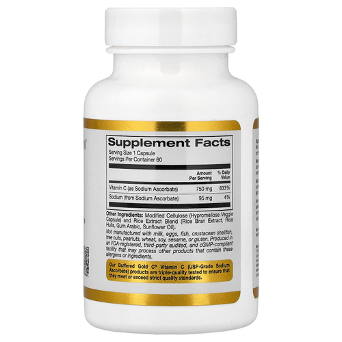 California Gold Nutrition, Buffered Gold C®, аскорбат натрия (витамин C) GOLD Standard, 60 растительных капсул