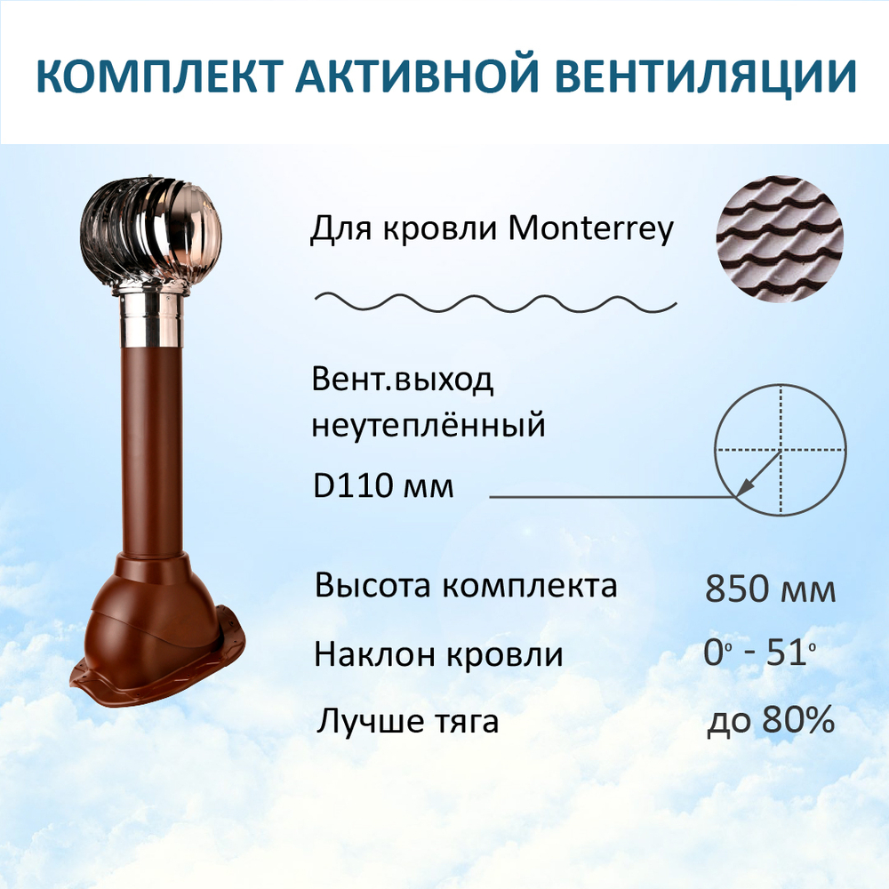 Турбодефлектор TD110 НСТ, вент.выход 110 не утепленный, для металлочерепицы Monterrey, коричневый